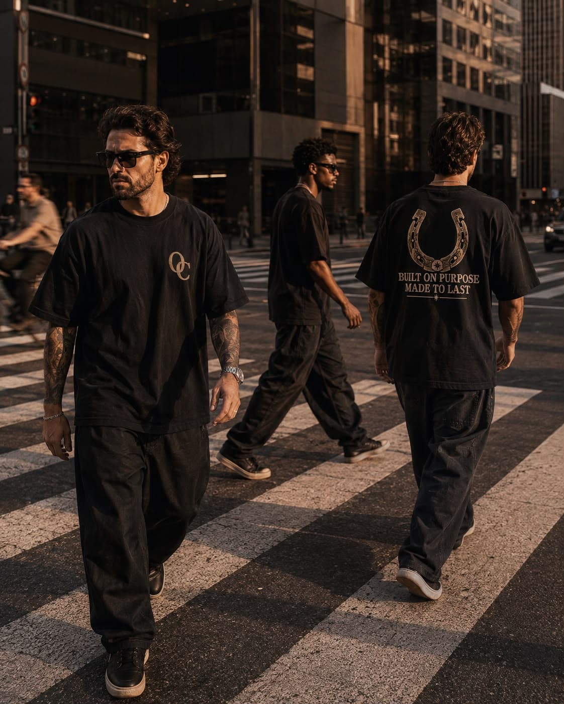 Três modelos atravessando a rua vestindo peças pretas do Drop 001 da Only Classic