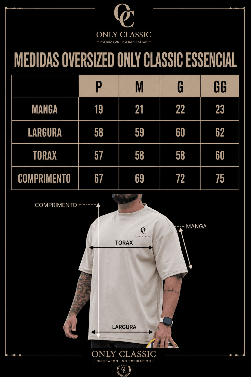 Tabela de medidas oficial da modelagem Oversized, com o diagrama indicando manga, largura, tórax e comprimento