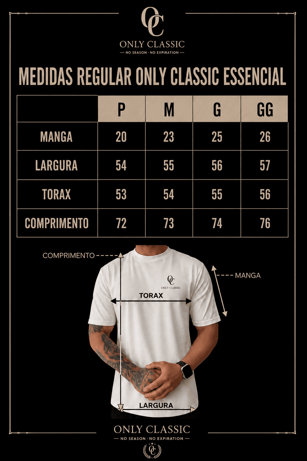 Tabela de medidas oficial da modelagem Regular, com o diagrama indicando manga, largura, tórax e comprimento